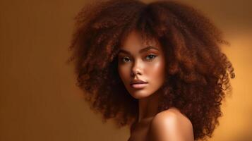 Schönheit Porträt von afrikanisch amerikanisch Mädchen mit afro Haar. Illustration ai generativ foto