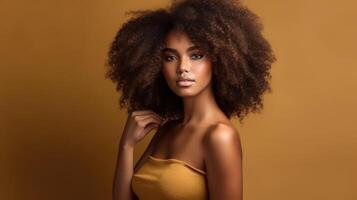 Schönheit Porträt von afrikanisch amerikanisch Mädchen mit afro Haar. Illustration ai generativ foto