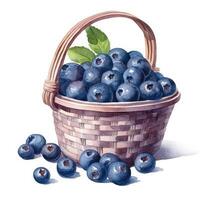 Aquarell Blaubeeren im Korb. Illustration generativ ai foto