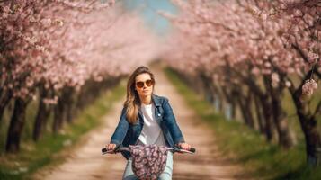 Mädchen Fahrten Fahrrad im Sakura Park. Illustration ai generativ foto