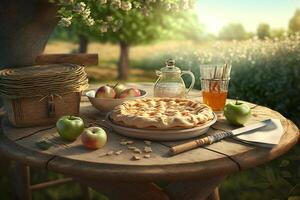 Apfel Kuchen im Apfel Garten. Illustration ai generativ foto
