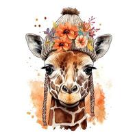 süß Giraffe im Hut mit Blume. Aquarell. Illustration ai generativ foto