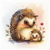 süß wenig Igel mit Mama. Aquarell malen. Illustration ai generativ foto