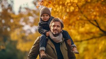 glücklich Papa mit Sohn. Herbst. Illustration ai generativ foto