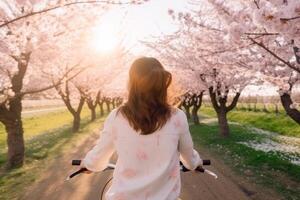 Mädchen Fahrten Fahrrad im Sakura Park. Illustration ai generativ foto