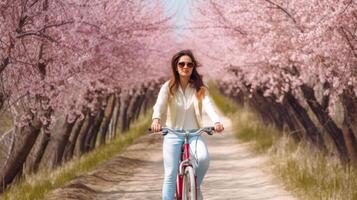 Mädchen Fahrten Fahrrad im Sakura Park. Illustration ai generativ foto