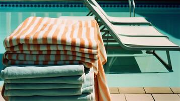 Handtücher in der Nähe von das Schwimmbad. Illustration ai generativ foto