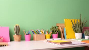 Kinder Schreibtisch kreativ Arbeitsplatz mit Schule Lieferungen, Kaktus Illustration ai generativ foto