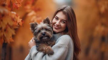 Herbst Mädchen mit Hund. Illustration ai generativ foto