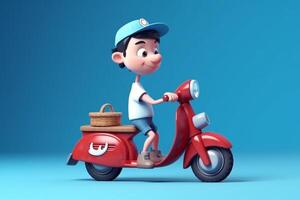 3d Illustration von ein Karikatur Lieferung Junge Reiten ein Roller auf Blau Hintergrund generativ ai foto