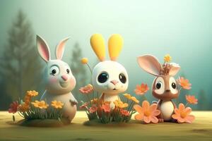 Ostern Hase Familie mit Blumen im das Wiese, 3d machen generativ ai foto