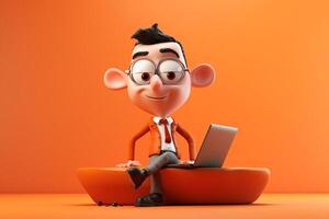 3d Illustration von ein Karikatur Charakter mit ein Laptop auf Orange Hintergrund generativ ai foto