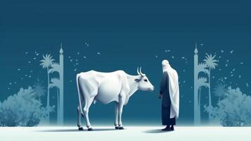 eid al adha Illustration von ein Muslim Mann Stehen im Vorderseite von ein Weiß Kuh generativ ai foto