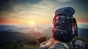 Rucksack auf ein Stein auf ein schön Berg Landschaft Hintergrund. generiert ai. foto