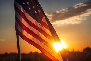 amerikanisch Flagge gegen das Hintergrund von das steigend Sonne. 4 .. von Juli Konzept. generiert ai. foto