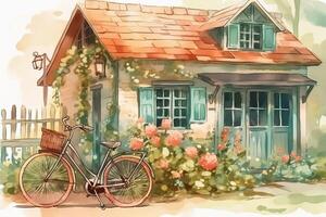 Fahrrad in der Nähe von ein Haus mit Pflanzen und Blumen im Aquarell. generiert ai. foto