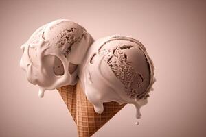 zwei cremig Eis Cremes im Waffel Zapfen Nahansicht auf ein grau Hintergrund. ai generiert foto