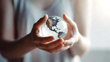 Person hält ein Kristall Erde Ball im ein Hände. generiert ai. foto