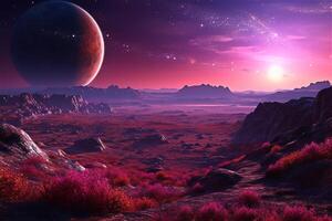 schön Landschaft im Rosa und violett Farben auf andere Planet. generiert ai. foto