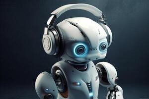 klein futuristisch ai Roboter Hören zu Musik- Kopfhörer. ai generiert foto