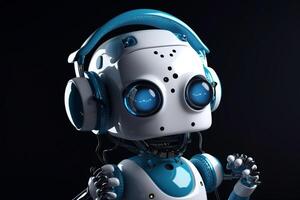 klein futuristisch ai Roboter Hören zu Musik- Kopfhörer. ai generiert foto