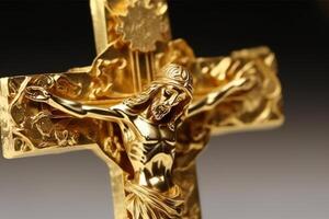 golden Kreuz von Jesus Christus gekreuzigt. Religion und Christentum Konzept. ai generiert foto