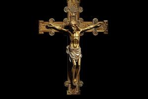 golden Kreuz von Jesus Christus gekreuzigt. Religion und Christentum Konzept. ai generiert foto