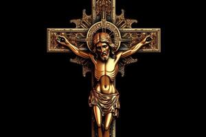 golden Kreuz von Jesus Christus gekreuzigt. Religion und Christentum Konzept. ai generiert foto