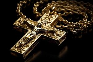 golden Kreuz von Jesus Christus gekreuzigt. Religion und Christentum Konzept. ai generiert foto