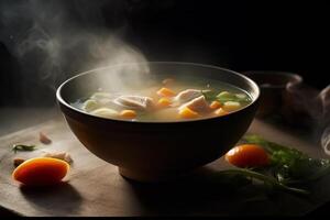 heiß köstlich Hähnchen Suppe Produkt Fotografie mit natürlich Beleuchtung. ai generiert foto