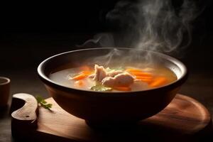 heiß köstlich Hähnchen Suppe Produkt Fotografie mit natürlich Beleuchtung. ai generiert foto