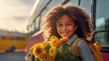 Schülerin geht zu Schule mit ein Strauß von Blumen. Illustration ai generativ foto