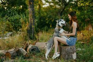 Frau und ihr heiser Hund glücklich spielen draußen im das Park unter das Bäume Lächeln mit Zähne im das Herbst gehen mit ihr Haustier foto