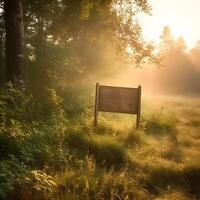 leeren hölzern Zeichen auf Kante von Wald auf Sommer- ,generativ ai foto