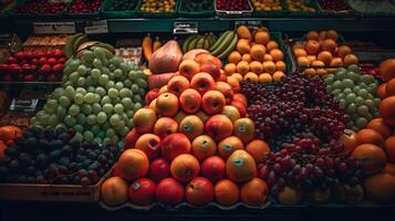 ein Sammlung von Früchte auf ein Supermarkt Regal ,frisch Obst Produkte im das Einkaufszentrum ,generativ ai foto