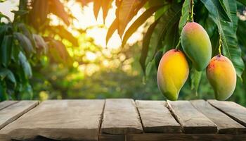 Mango Obst hängend auf ein Baum mit ein rustikal hölzern Tabelle foto