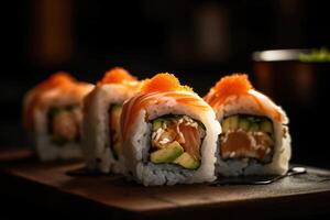 japanisch Sushi Rollen serviert im ein anspruchsvoll Stil. ai generiert foto