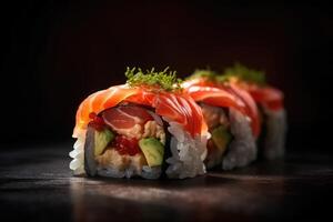 japanisch Sushi Rollen im ein traditionell Sushi Bar. ai generiert foto