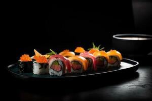 Makro Essen Fotografie. Teller von Sushi Rollen. ai generiert foto