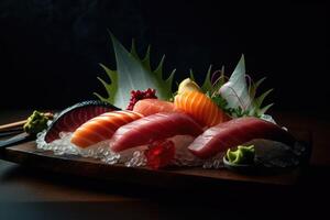 japanisch Küche. Teller von perfekt geschnitten sashimi. ai generiert foto