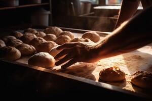 ein Bäcker Hand mit frisch gebacken Brot im ein ländlich Bäckerei. ai generiert foto