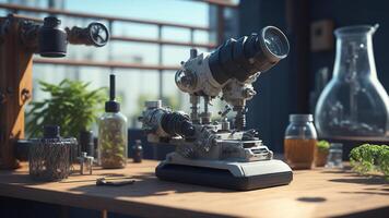 Mikroskop auf ein Tabelle im ein Labor ai generiert foto