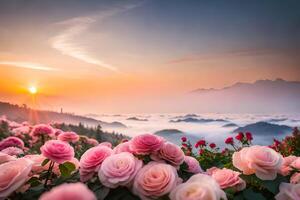 schön Rosa Rosen Blühen im das Garten mit Sonnenuntergang Hintergrund ai generiert foto