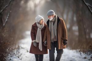 Schuss von ein glücklich Senior Paar genießen Qualität Zeit beim das Park ai generiert foto