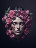 Porträt von ein schön Mädchen mit ein Blume Kranz auf ihr Kopf ai generiert foto