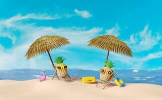 Strand Stuhl mit Regenschirm, Palme Baum, Rettungsring, Meer, Ananas, Sonnenbrille, Koffer isoliert auf Blau Himmel hintergrund.sommer Reise Konzept, 3d Illustration oder 3d machen foto