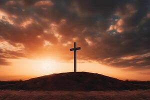 Christian hölzern Kreuz auf ein Hintergrund mit dramatisch Beleuchtung,, ai generativ foto