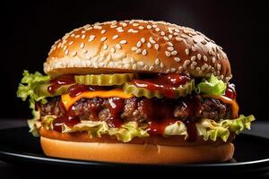 schnell und köstlich Essen im bilden von herzhaft Burger mit Gemüse Rindfleisch und dick Soße, ai generativ foto