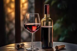 rot Wein Flasche und Wein Glas auf das Tisch, ai generativ foto