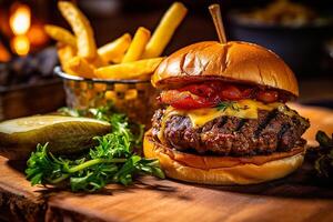 Mittagessen mit Burger und Französisch Fritten, ai generativ foto